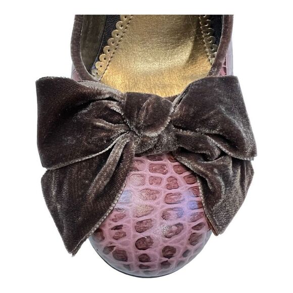Franco Sarto Heels Vintage 90's Brown Croc Print Leather Pump 7.5 Velvet Bow - Picture 9 of 10